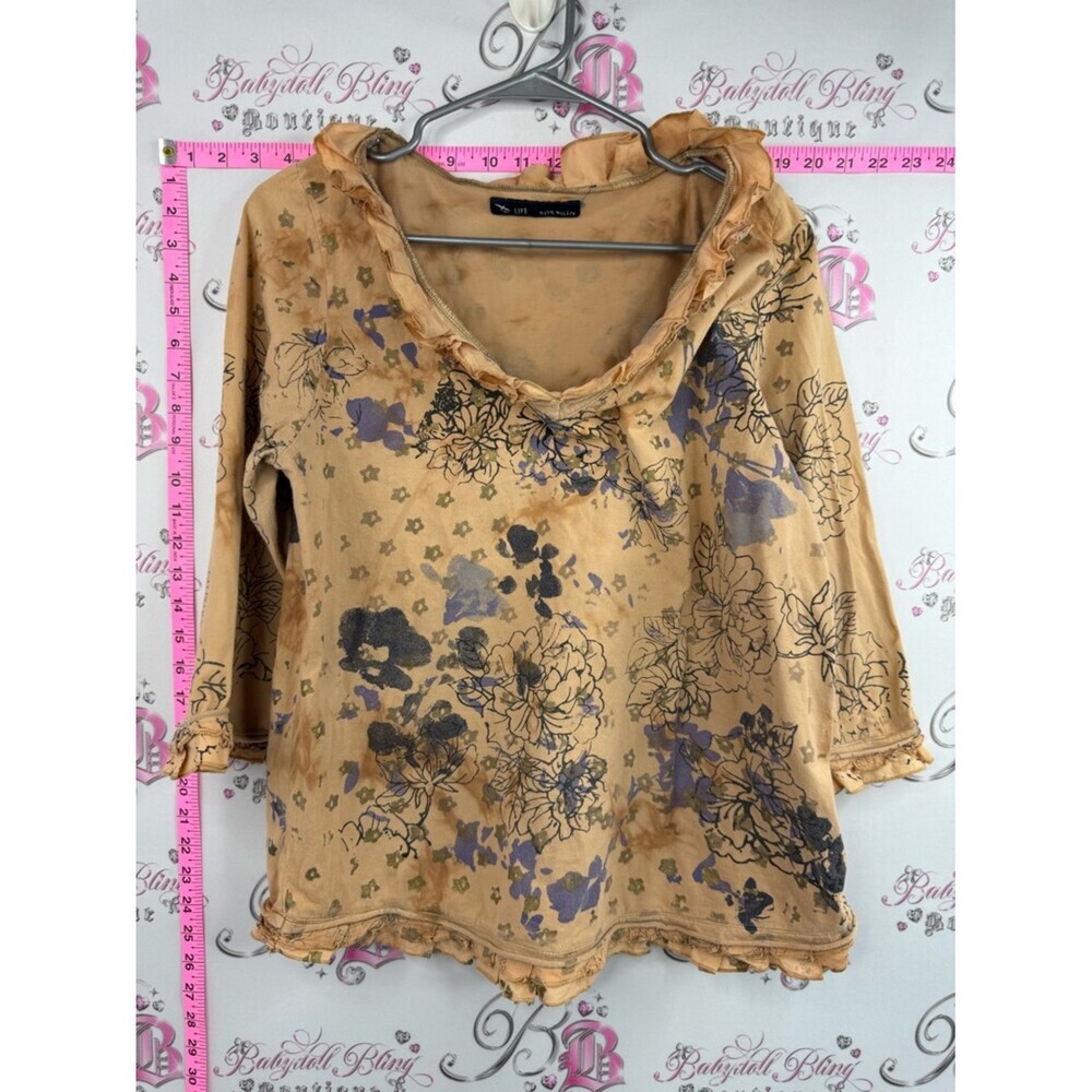 Blue Willi's Floral Ruffle-Neck Tunic with Tan, Purple & Black Print vintage y2k